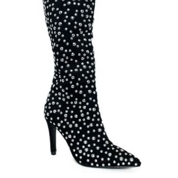 NIB Lauren Lorraine Haddie Silver Studded Knee High Black Stiletto Boots - Picture 1 of 12